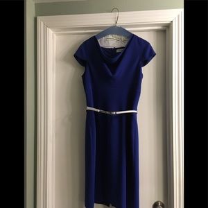 Knee length royal blue dress white belt